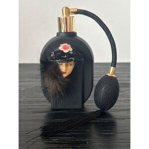VTG Art Deco Style Lady Accent Perfume Atomizer Black Satin Glass & Tassel Pump